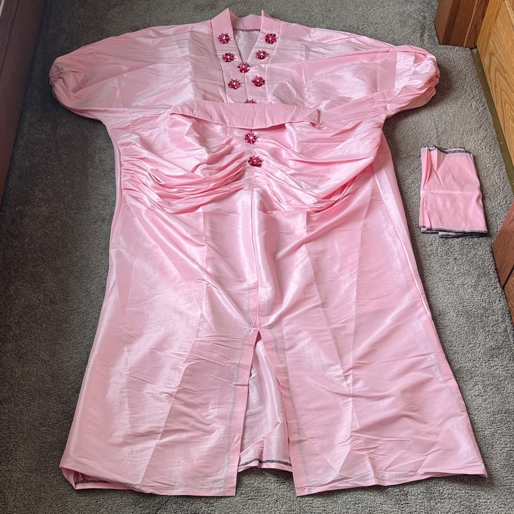 African Pink Bubu Kaftan Two Piece Set Embellished Satin Loose Fit SIZE S-XL